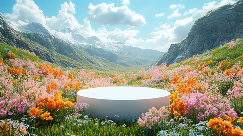 白色圆形展台与野花草地