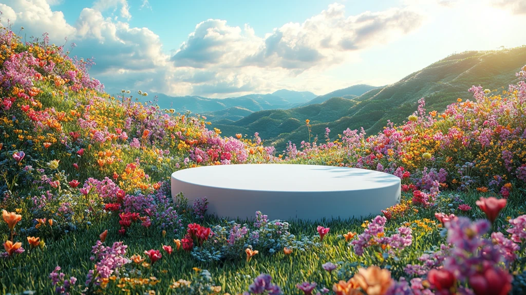 白色圆形展台与野花草地