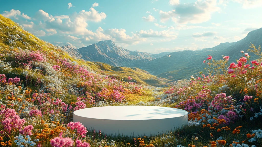 白色圆形展台与野花草地