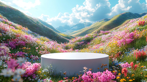白色圆形展台与野花草地