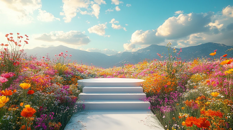 白色讲台与野花草地