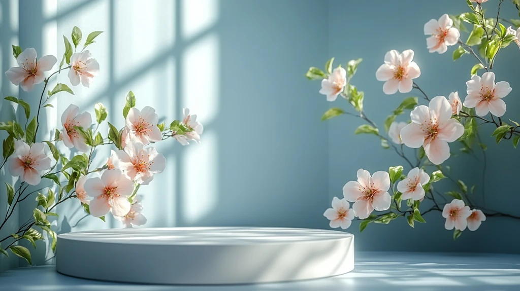 白色圆形展台与桃花