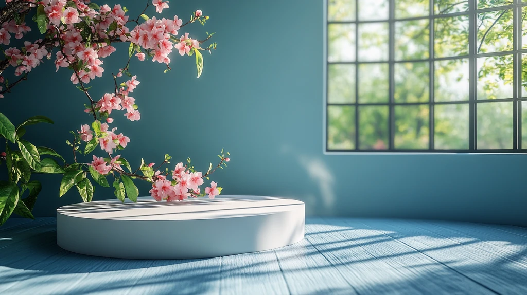 白色圆形展台与桃花