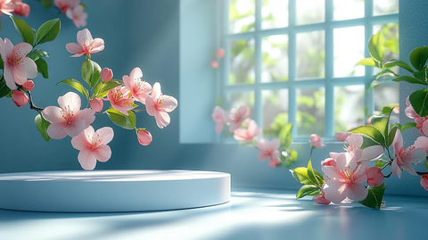 白色圆形展台与桃花