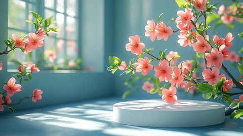 白色圆形展台与桃花