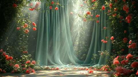 绿丝绸窗帘与粉色花朵