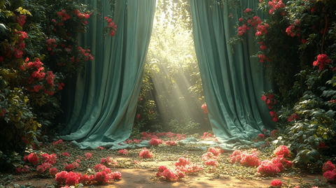 绿丝绸窗帘与粉色花朵