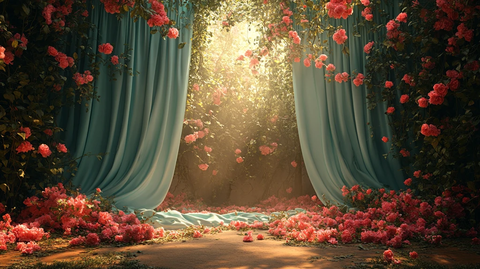 绿丝绸窗帘与粉色花朵