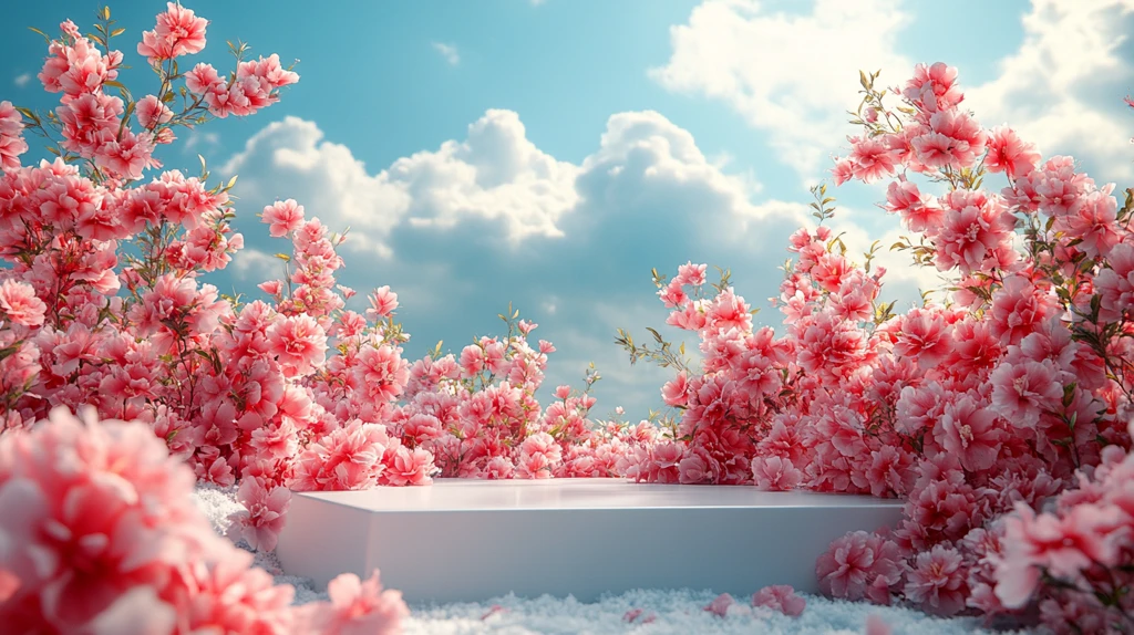 白色讲台与粉色牡丹