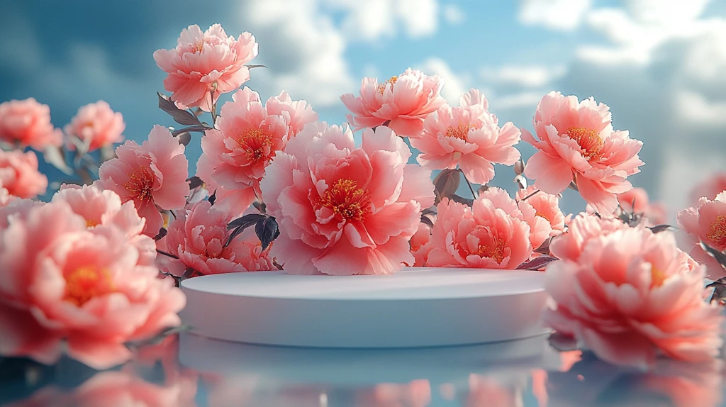 白色讲台与粉色牡丹