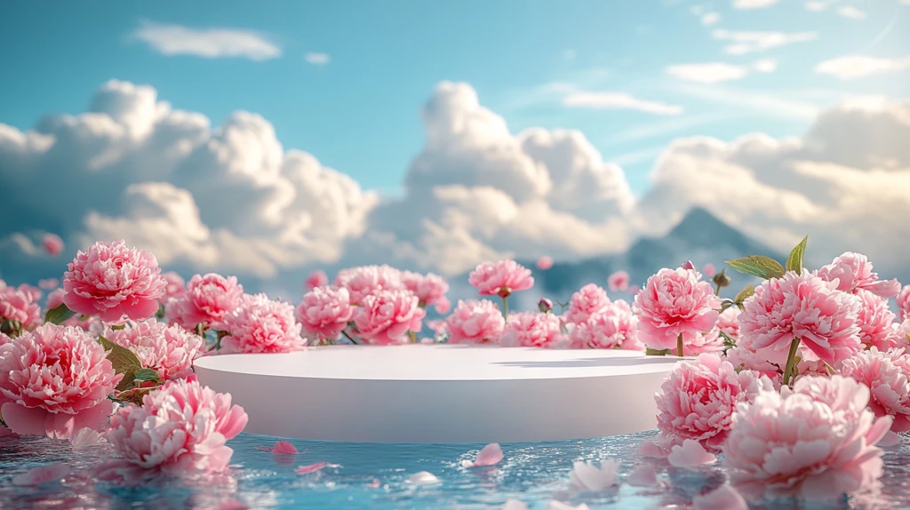 白色讲台与粉色牡丹