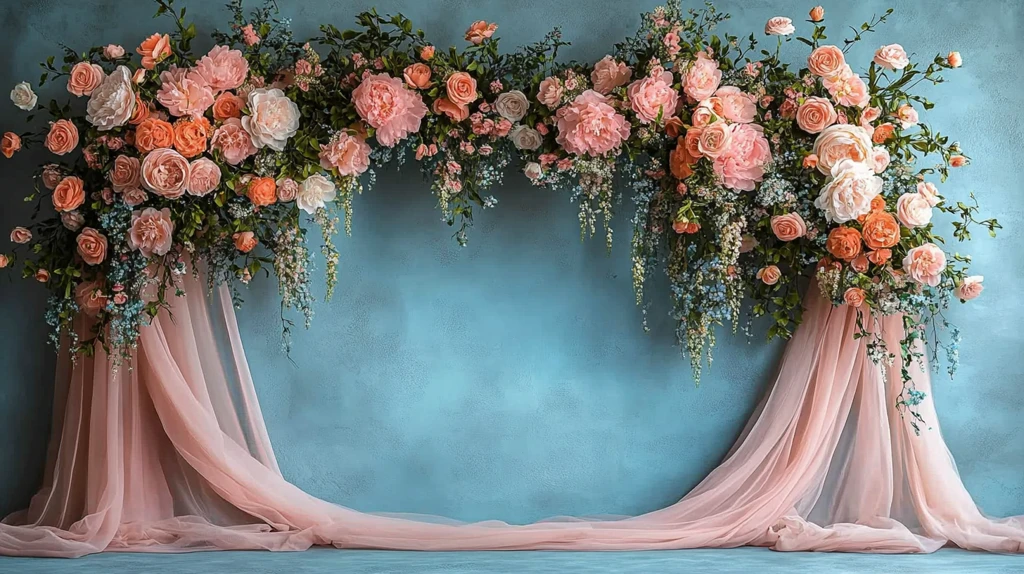 粉色窗帘与花拱