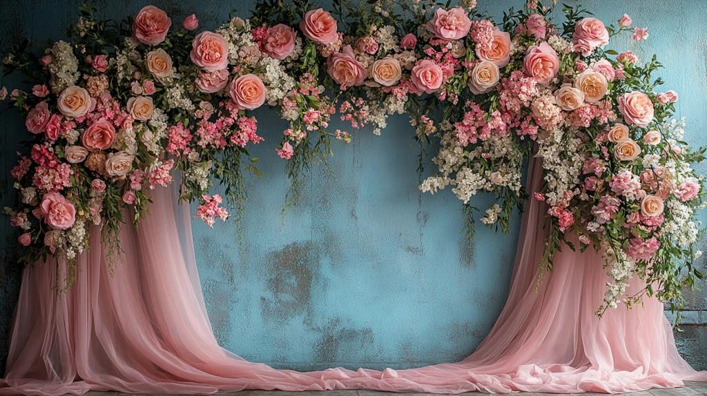 粉色窗帘与花拱