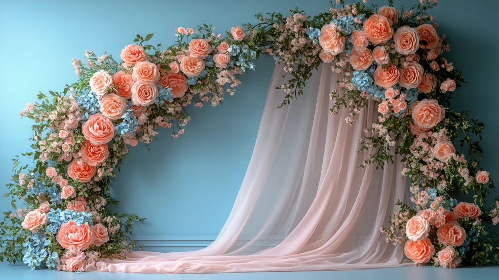 粉色窗帘与花拱