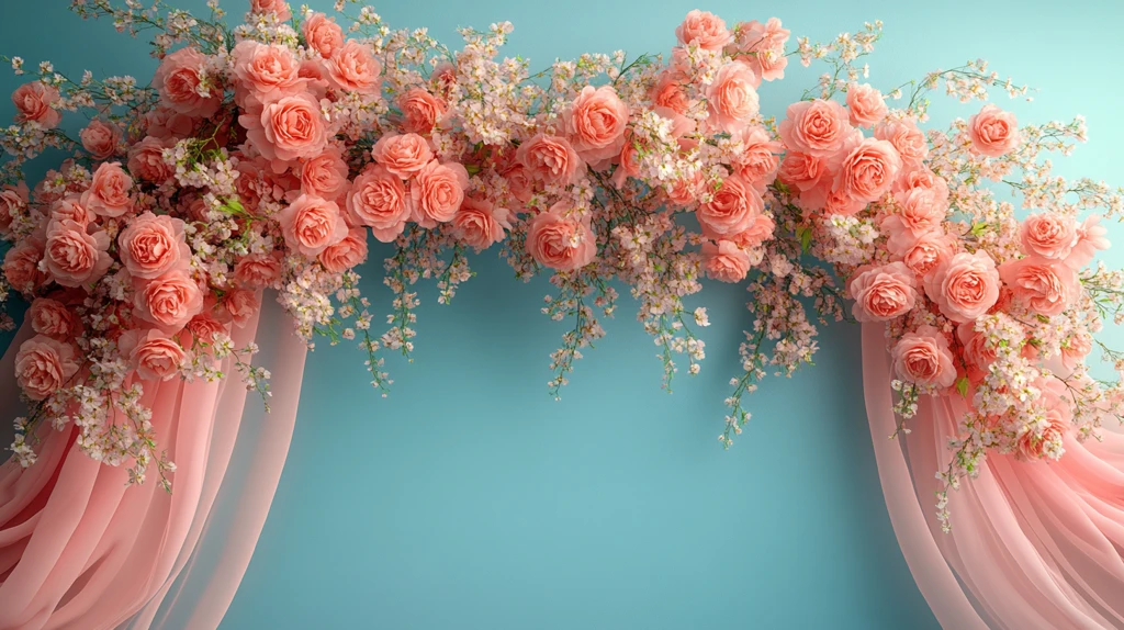 粉色窗帘与花拱