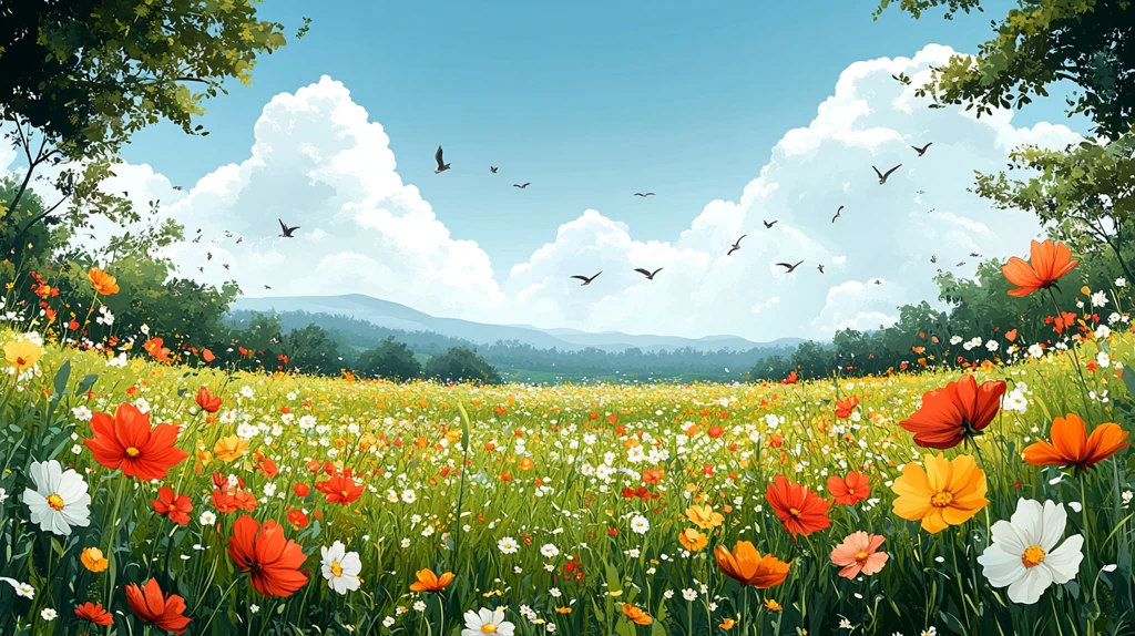 蓝天白云草原野花