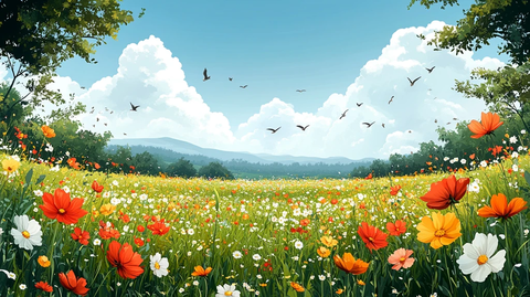 蓝天白云草原野花