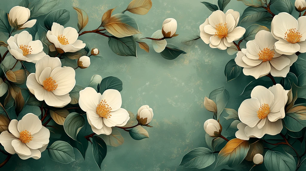 白色花朵绿色叶子卡片