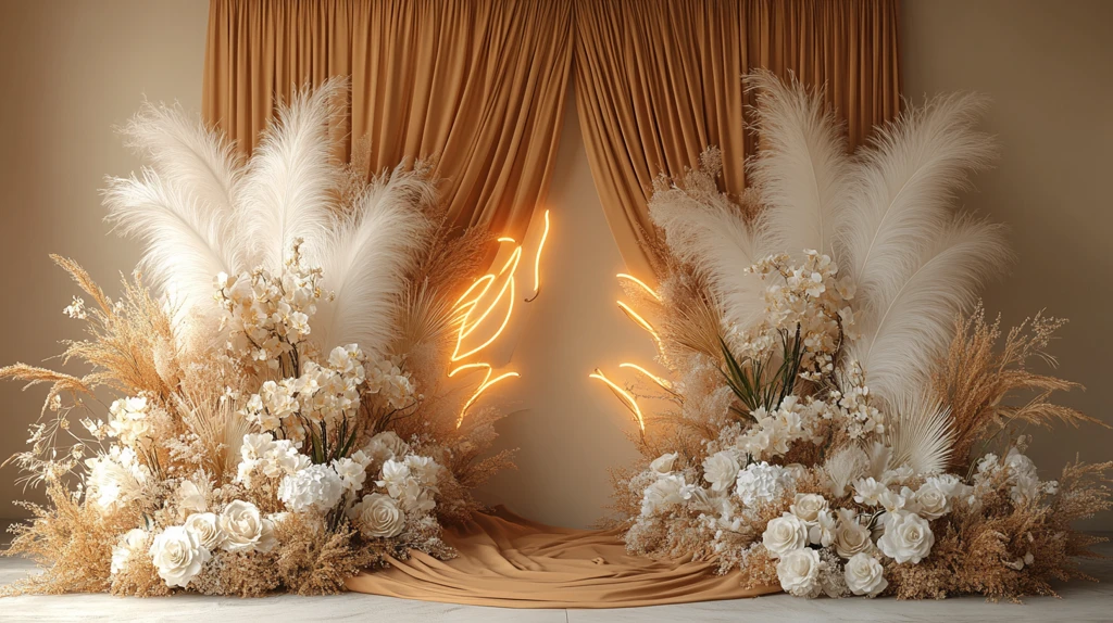 金色丝绸与羽毛背景