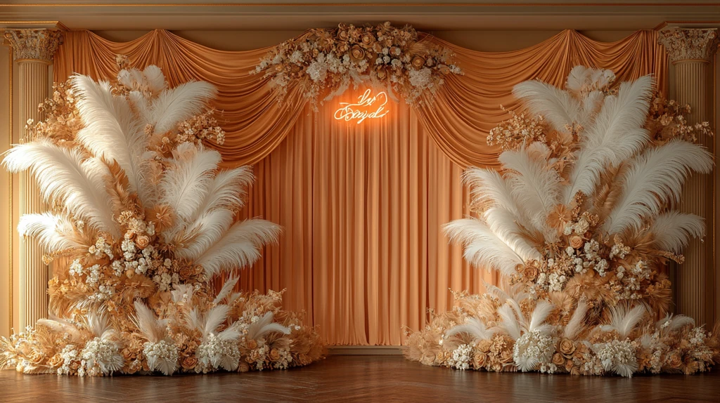 金色丝绸与羽毛背景