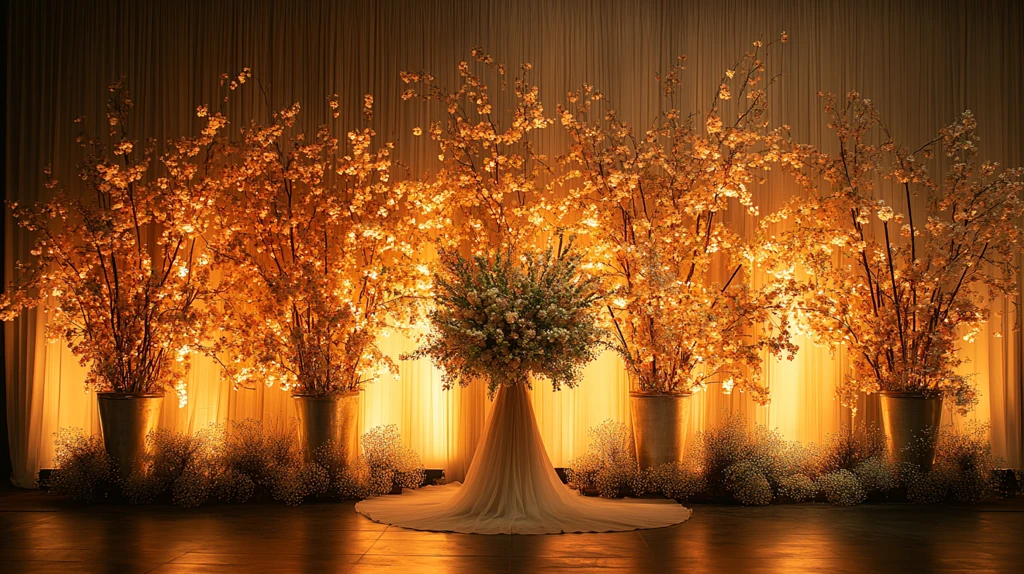 金色幕布与银绿花枝