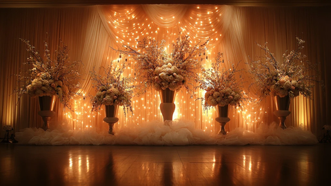 金色幕布与银绿花枝