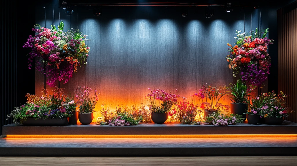 展览舞台背景与花卉装饰