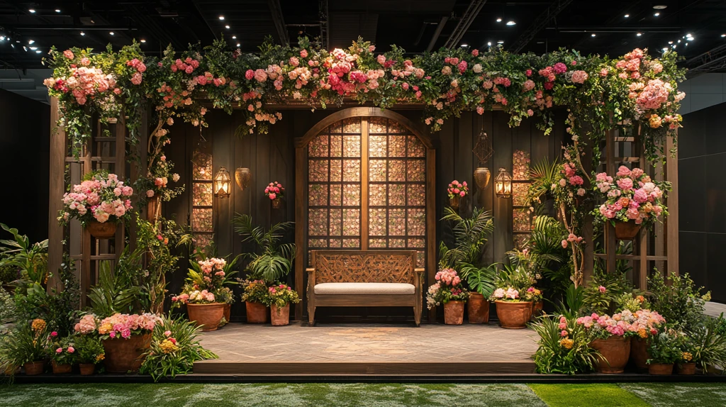 展览舞台背景与花卉装饰