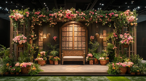 展览舞台背景与花卉装饰