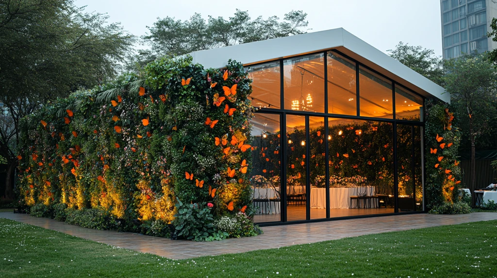 户外白色大帐篷舞台蝴蝶绿墙