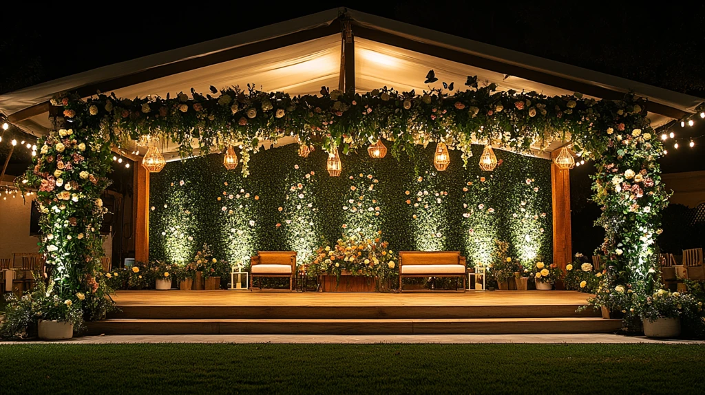 户外白色大帐篷舞台蝴蝶绿墙