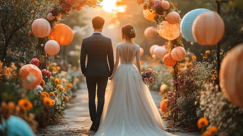 婚礼公园拱门下的新郎新娘