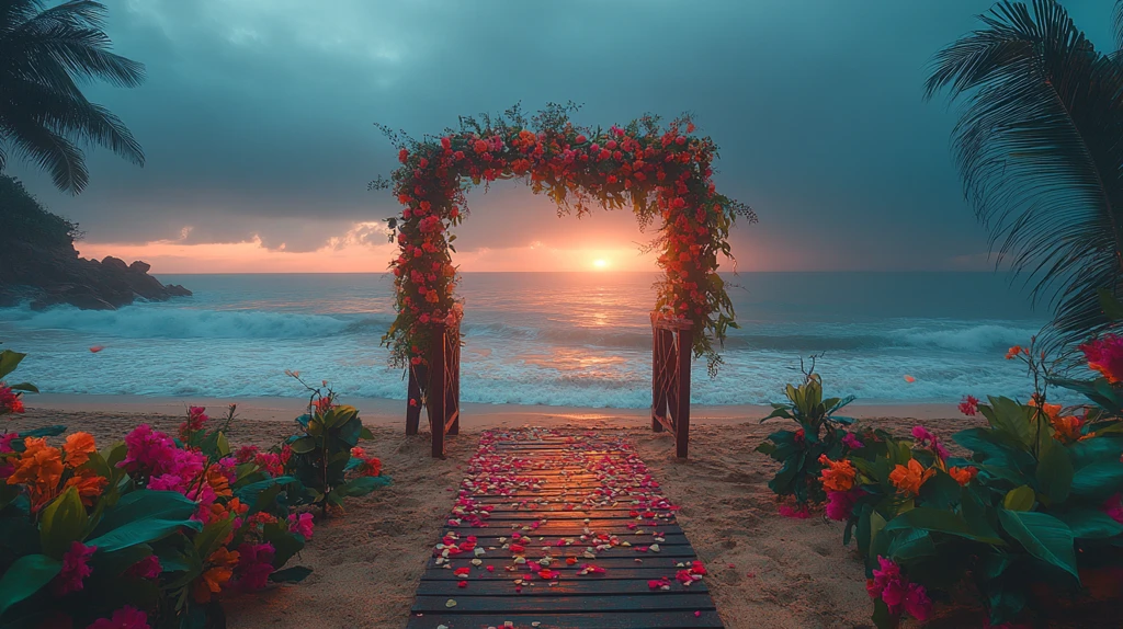 海滩婚礼装饰与晨雾