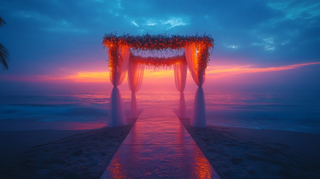 海滩婚礼装饰与晨雾