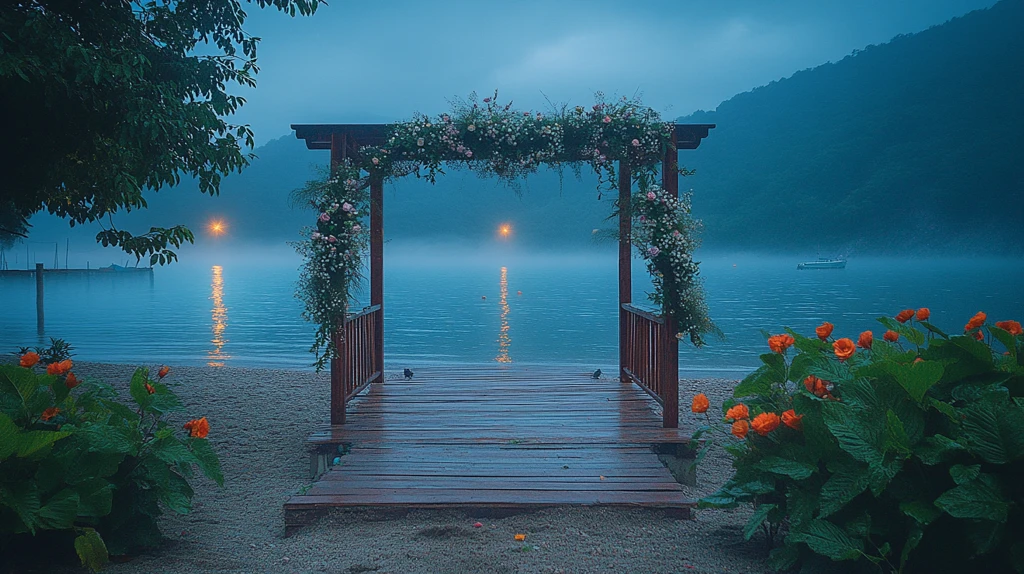 海滩婚礼装饰与晨雾