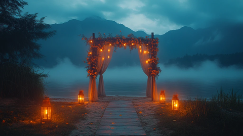 海滩婚礼装饰与晨雾