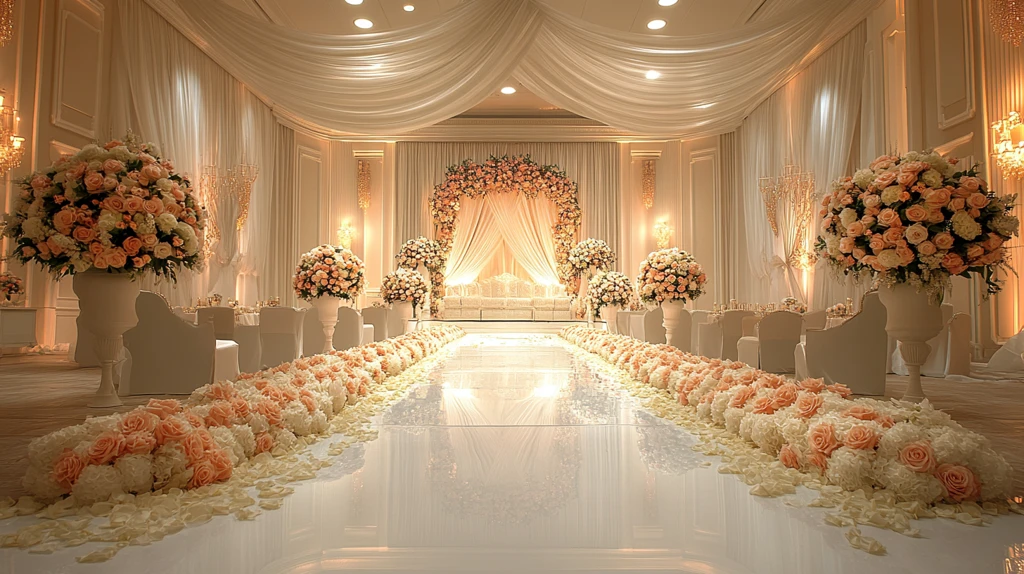 婚礼大厅白色花艺布置