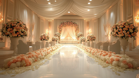 婚礼大厅白色花艺布置