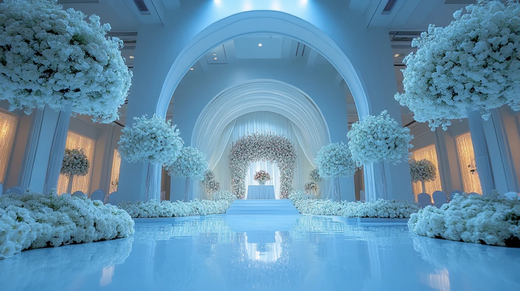 婚礼大厅白色花艺布置