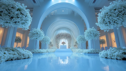 婚礼大厅白色花艺布置