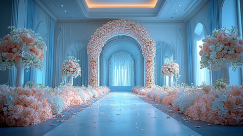 婚礼大厅白色花艺布置