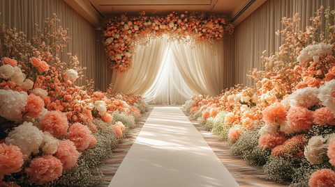 婚礼大厅白色花艺布置
