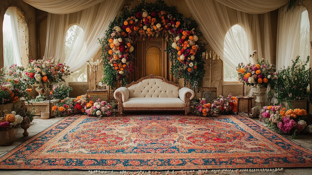 白色婚礼装饰与亚美尼亚传统地毯