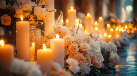 烛光与白花装饰的接待厅