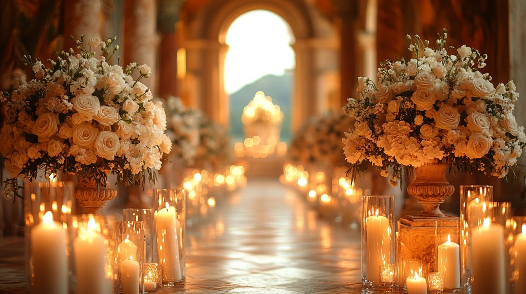 烛光与白花装饰的接待厅