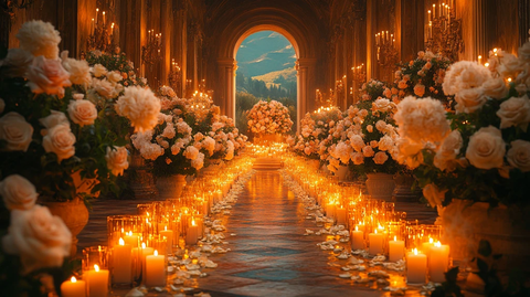 烛光与白花装饰的接待厅