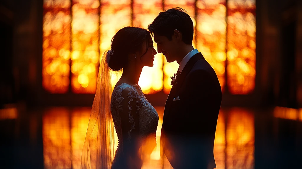 新娘新郎日落对视