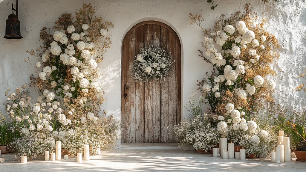 教堂门前的白花与蜡烛