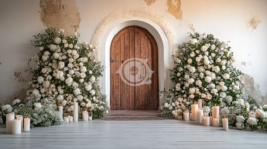 教堂门前的白花与蜡烛