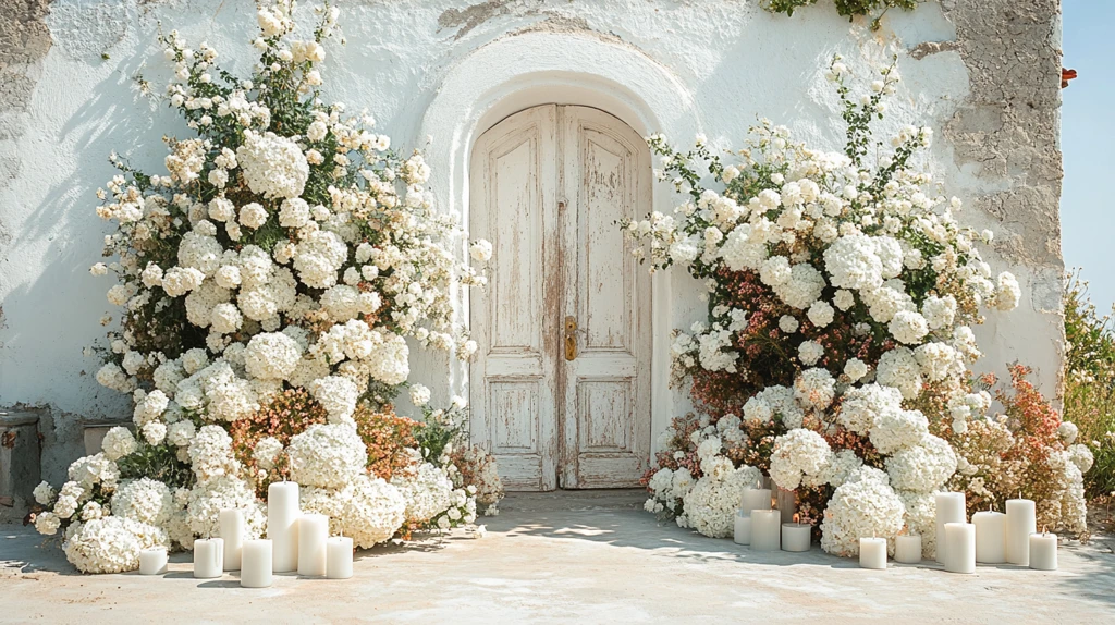 教堂门前的白花与蜡烛